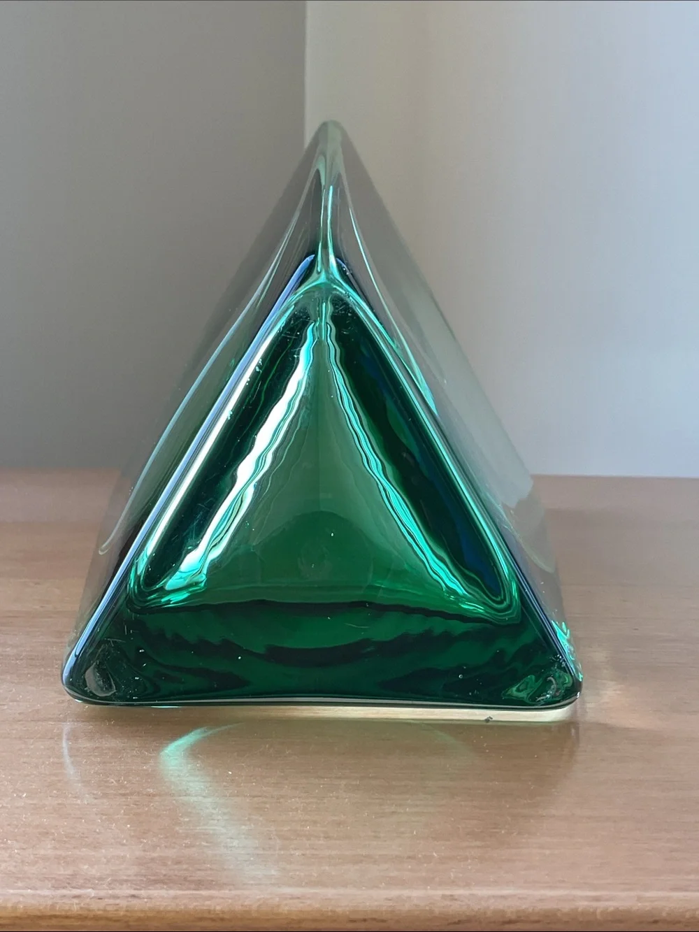 Triangular Green Vase, Glassworks Krosno, Poland 8.5” Tall